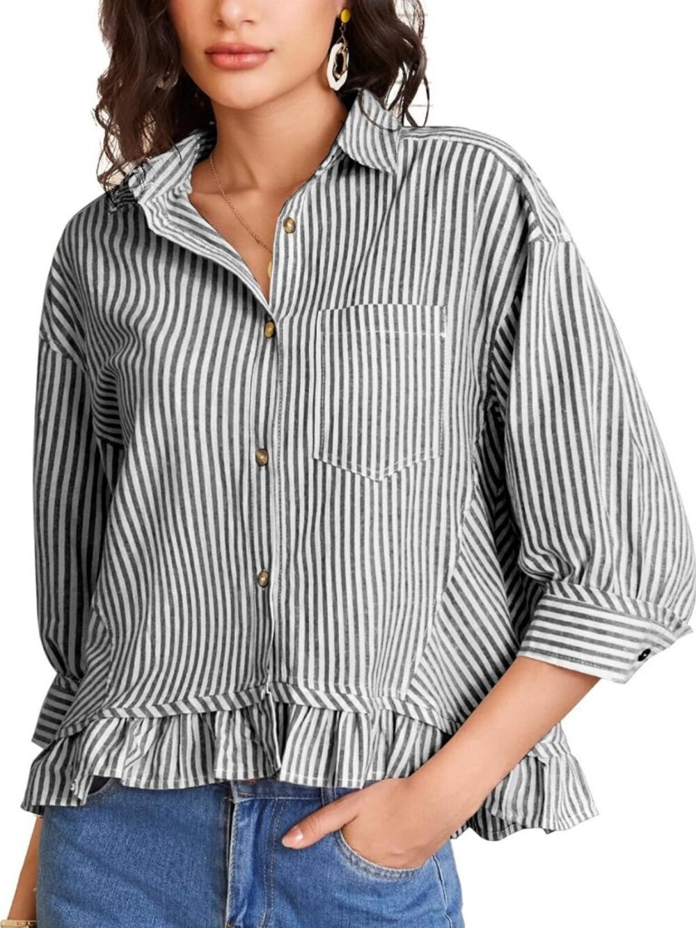 Cropped Striped Button-Down Blouse with 3/4 Sleeves & Ruffled Details for Women